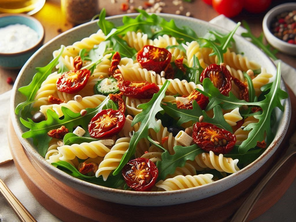 Rezept: Sommerlicher Nudelsalat mit Rucola und getrockneten Tomaten