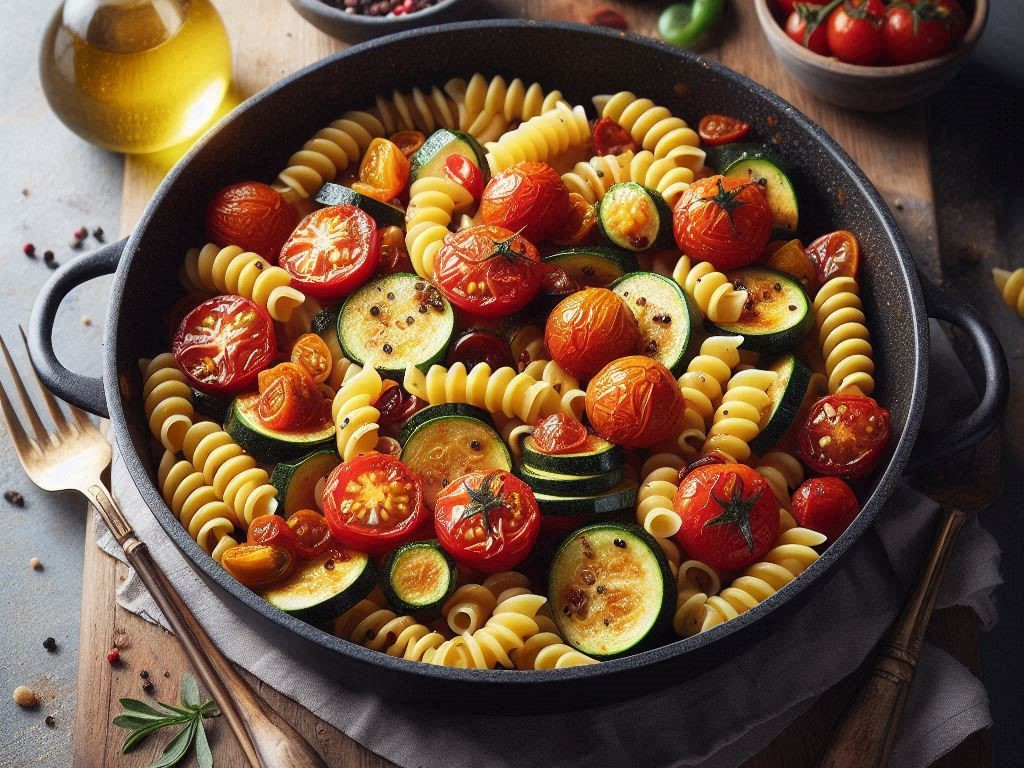 Rezept: One-Pot-Pasta mit Spirelli, Zucchini und Kirschtomaten in Frischkäse-Sauce