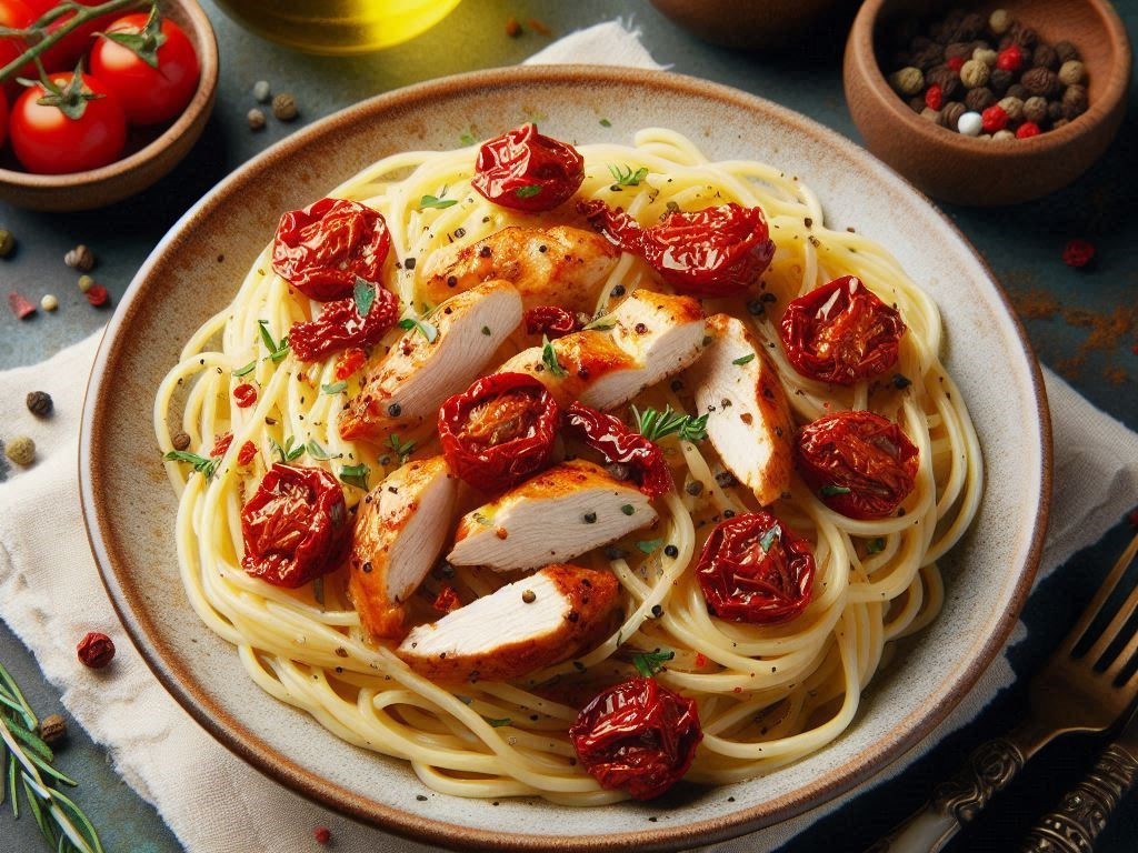 Rezept: Spaghetti mit mariniertem Hähnchen und getrockneten Tomaten